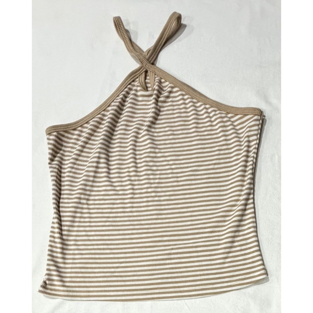 Lulus Tan White Striped Ribbed Halter Neck Tank Top Large